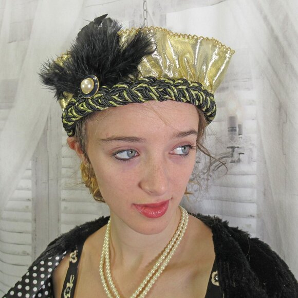 Flapper style softly ruffled gold lame fabric headband on black/gold braid band - Picture 12 of 15